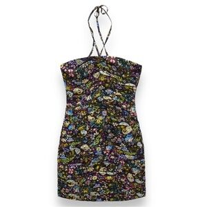 Zara Dress‎ Mini Floral Strapless Bodycon Black Pink Blue Tiered Print Size XS